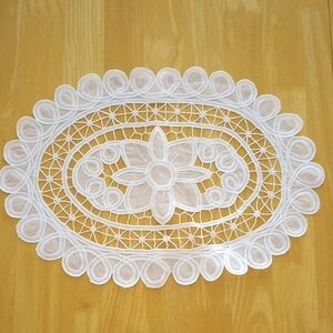 White Embroidered Lace Oval Doily - Elegant Table Accent